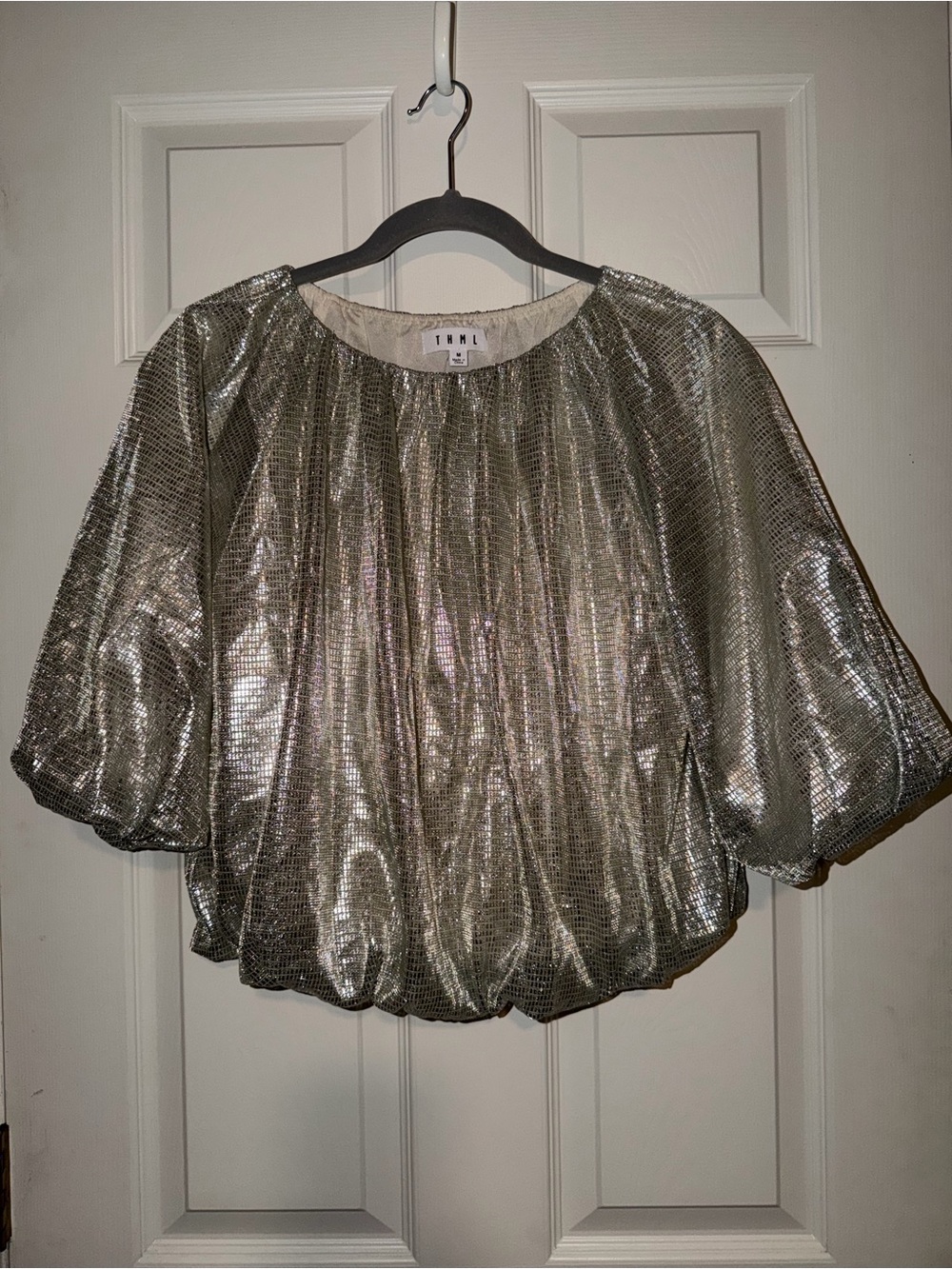 THML Elyra Sparkle Flowy Bubble Top Metallic Silver Puff Sleeve Party